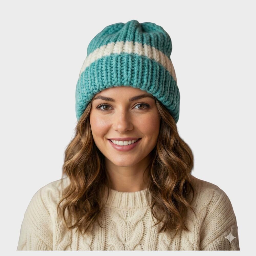 Handmade Knit Beanie Hat Teal White Stripes Knit